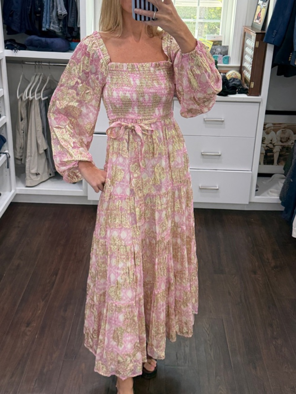 A loves A Smocked Square-Neck Maxi Dress in Pink Floral Print with Gold Detail